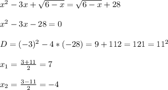 x^{2}-3x+\sqrt{6-x}=\sqrt{6-x}+28\\\\x^{2}-3x-28=0\\\\D=(-3)^{2}-4*(-28)=9+112=121=11^{2}\\\\x_{1}=\frac{3+11}{2}=7\\\\x_{2} =\frac{3-11}{2}=-4