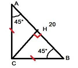 Впрямоугольный треугольнике гипотенуза равна 20, а один из острых углов равен 45 градусов найдите пл