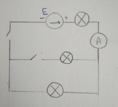 Нарисуйте схему цепи, содержащую источник тока, три лампочки, два ключа и амперметр, причем одноврем