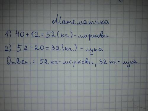 Вшкольную столовую закупили 40 кг картофеля, моркови на 12 кг больше, чем картофеля,а лука на 20 кг