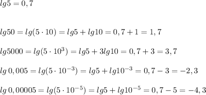 lg5=0,7\\\\\\lg50=lg(5\cdot 10)=lg5+lg10=0,7+1=1,7\\\\lg5000=lg(5\cdot 10^3)=lg5+3lg10=0,7+3=3,7\\\\lg\, 0,005=lg(5\cdot 10^{-3})=lg5+lg10^{-3}=0,7-3=-2,3\\\\lg\, 0,00005=lg(5\cdot 10^{-5})=lg5+lg10^{-5}=0,7-5=-4,3