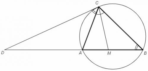 Биссектриса cm треугольника abc делит сторону ab на отрезки am=9 и mb=12. касательная к описанной ок