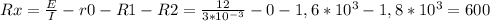 Rx=\frac{E}{I}-r0-R1-R2=\frac{12}{3*10^{-3} }-0-1,6*10^{3} -1,8*10^{3} =600