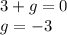 3 + g = 0 \\ g = - 3