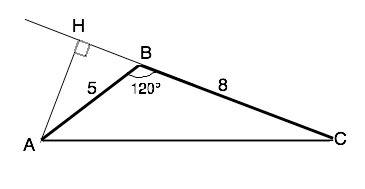 Две стороны треугольника abc равны 5 и 8 см, угол между ними 120 градусов, найдите третью сторону