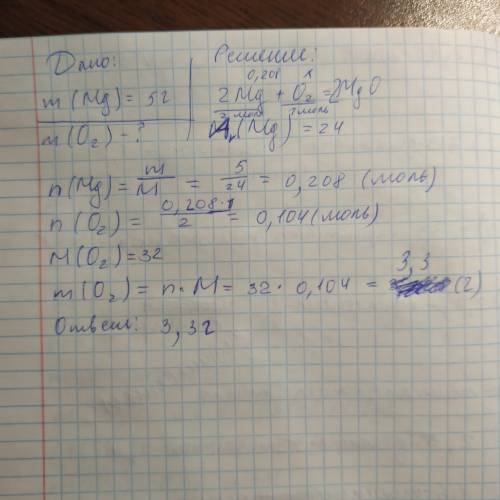 M(mg) - 5г 2mg + o2 = 2mgo m(o2) - ?