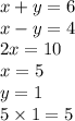 x + y = 6 \\ x - y = 4 \\ 2x = 10 \\ x = 5 \\ y = 1 \\ 5 \times 1 = 5