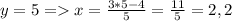 y=5=x=\frac{3*5-4}{5}=\frac{11}{5}=2,2