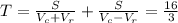 T=\frac{S}{V_{c}+V_{r}}+\frac{S}{V_{c}-V_{r}}=\frac{16}{3}