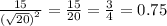 \frac{15}{ {( \sqrt{20} )}^{2} } = \frac{15}{20} = \frac{3}{4} = 0.75