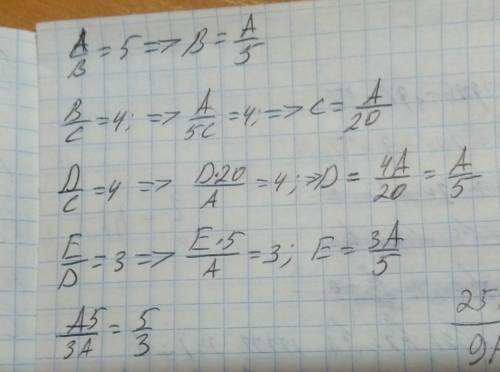 Если а: в=5,в: с=4,е: d=3 и d: с=4, то чему равно а: е?