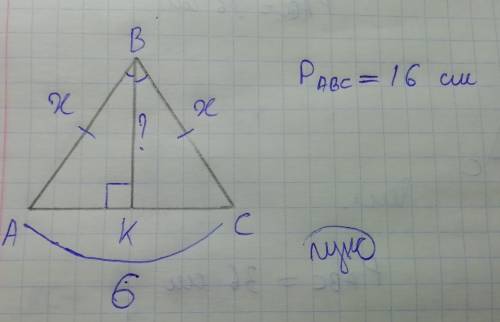 Периметр рівнобедреного трикутника дорівнює 16 см, а його основа - 6 см. знайдіть бісектрису трикутн