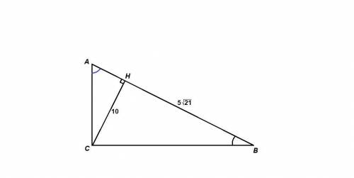 Втреугольнике abc угол c равен 90°, высота ch равна 10, bh = 5√21. найдите cosa.