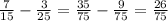 \frac{7}{15} - \frac{3}{25} = \frac{35}{75} - \frac{9}{75} = \frac{26}{75}