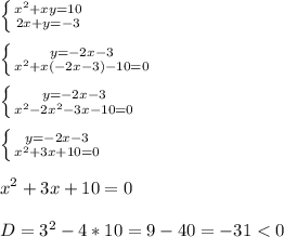 \left \{ {{x^{2}+x y=10} \atop {2x+y=-3}} \right.\\\\\left \{ {{y=-2x-3} \atop {x^{2}+x(-2x-3)-10=0 }} \right.\\\\\left \{ {{y=-2x-3} \atop {x^{2}-2x^{2} -3x-10=0 }} \right.\\\\\left \{ {{y=-2x-3} \atop {x^{2}+3x+10=0 }} \right.\\\\x^{2}+3x+10=0\\\\D=3^{2}-4*10=9-40=-31