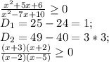 \frac{x^2+5x+6}{x^2-7x+10} \geq 0\\D_1=25-24=1;\\D_2=49-40=3*3;\\\frac{(x+3)(x+2)}{(x-2)(x-5)}\geq 0\\