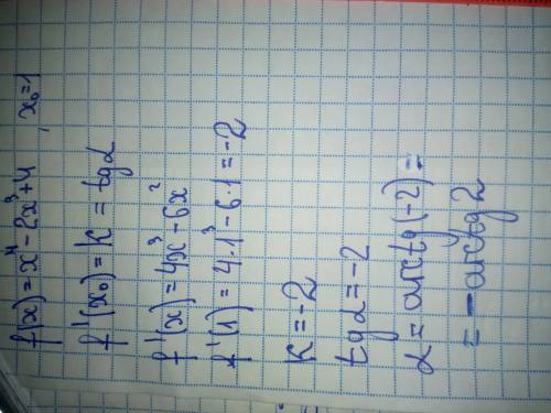 Найдите угол между касательно к графику функции f(x) = x^4 - 2x^3 + 4 в точке с абсциссой х0 = 1 и о