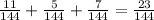 \frac{11}{144} + \frac{5}{144} + \frac{7}{144} = \frac{23}{144}