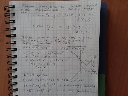 Окружность проходит через точки пересечения прямой 3x + 5y - 15=0 с осями координат, а ее центр лежи