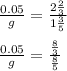 \frac{0.05}{g} =\frac{2\frac{2}{3} }{1\frac{3}{5} } \\\\\frac{0.05}{g} =\frac{\frac{8}{3} }{\frac{8}{5} } \\