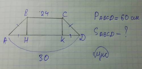 Найдите площадь равнобедренной трапеции, если ее основания равны 24 и 30 см, а периметр 60