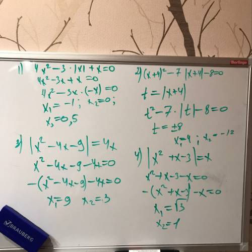 1. 4x^2-3|x|+x=0; 2. (x+4)^2-7|x+4|-8=0; 3. |x^2-4x-9|=4x; 4. |x^2+x-3|=x.