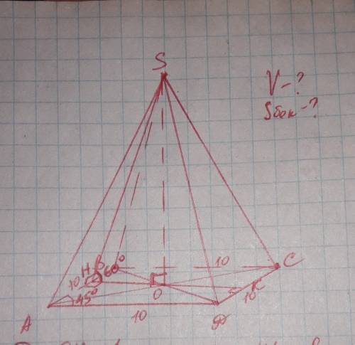 Основанием пирамиды является ромб, сторона которого равна 10 см, острый угол равен 45°. все грани пи