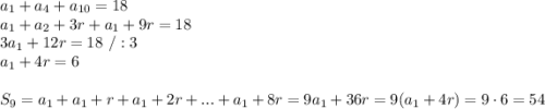 a_1+a_4+a_{10}=18\\a_1+a_2+3r+a_1+9r=18\\3a_1+12r=18\ /:3\\a_1+4r=6\\\\S_9=a_1+a_1+r+a_1+2r+...+a_1+8r=9a_1+36r=9(a_{1}+4r)=9\cdot6=54