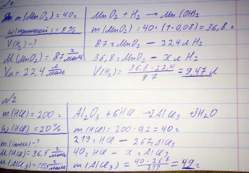Решите две : 1) найти объём водорода затраченный на взаимодействие с 40 г оксида марганца (валентнос