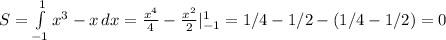 S=\int\limits^1_{-1} {x^3-x} \, dx =\frac{x^4}{4}-\frac{x^2}{2}|^1_{-1}=1/4-1/2-(1/4-1/2)=0