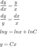 \dfrac{dy}{dx} =\dfrac{y}{x} \\\\\dfrac{dy}{y} =\dfrac{dx}{x} \\\\lny=lnx+lnC\\\\y=Cx