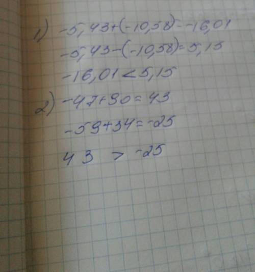 5. не выполняя вычислений сравните: 1) сумму чисел -5,43 и (-10,58) и их разность; 2) сумму чисел –4