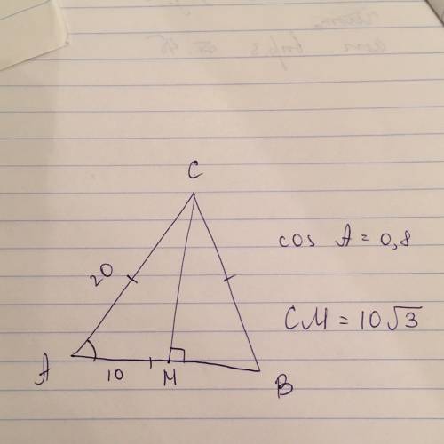Вравностороннем треугольнике abc с основой ab cos a=0,8 ac=20см. найти высоту треугольника проведённ