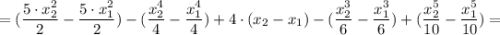 \displaystyle =(\frac{5\cdot x_{2}^{2}}{2} -\frac{5\cdot x_{1}^{2}}{2} )-( \frac{x_{2}^{4}}{4}-\frac{x_{1}^{4}}{4})+4\cdot (x_{2}-x_{1})-(\frac{x_{2}^{3}}{6}-\frac{x_{1}^{3}}{6})+(\frac{x_{2}^{5}}{10}-\frac{x_{1}^{5}}{10})=