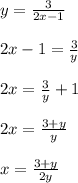 y=\frac{3}{2x-1}\\\\2x-1=\frac{3}{y}\\\\2x=\frac{3}{y}+1\\\\2x=\frac{3+y}{y}\\\\x=\frac{3+y}{2y}