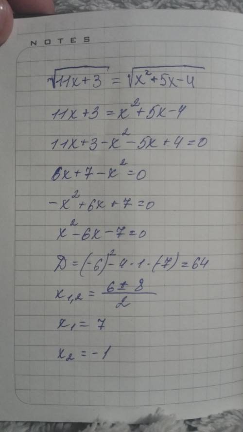 Корень из (11x+3)=корню из (x^2+5x-4)