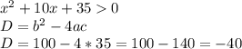 x^2+10x+350\\ D=b^2-4ac\\ D=100-4*35=100-140=-40