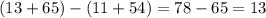 (13 + 65) - (11 + 54) = 78 - 65 = 13