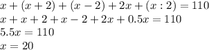 x+(x+2)+(x-2)+2x+(x:2)=110\\x+x+2+x-2+2x+0.5x=110\\5.5x=110\\x=20