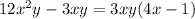 12 {x}^{2} y - 3xy = 3xy(4x - 1)