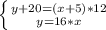 \left \{ {{y+20=(x+5)*12} \atop {y=16*x}} \right.