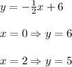 y=-\frac{1}{2}x+6\\\\x=0\Rightarrow y=6\\\\x=2\Rightarrow y=5