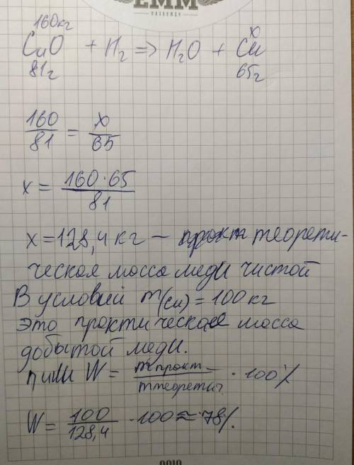 Дано: m(cuo) = 160кгс h2(cuo + h2 → h2o + cu)m(cu) = 100кгнайдите: n - ?