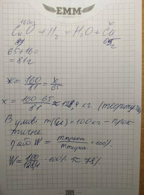 Дано: m(cuo) = 160кгс h2(cuo + h2 → h2o + cu)m(cu) = 100кгнайдите: n - ?