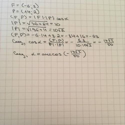 Найдите угол между векторами f(-6; -8) и p(14; 2)​