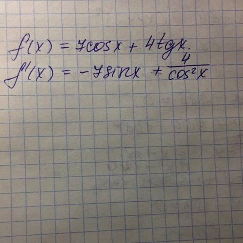 Найти производную функции f (x) = 7 cos x + 4tg x​