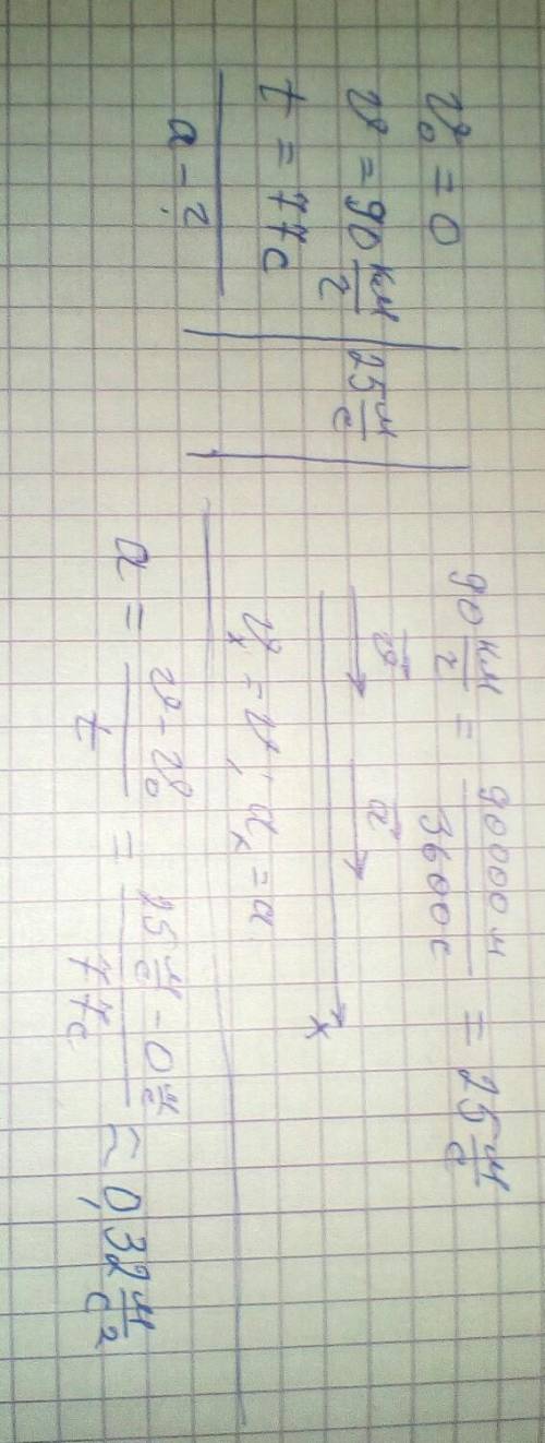 При отходе от станции поезд метро набрал скорость 90км/ч за 77 с. определите модуль ускорения поезда