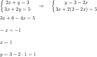 \displaystyle \left \{ {{2x+y=3} \atop {3x+2y=5}} \right.~~~\Rightarrow~~~\left\{ {{y=3-2x} \atop {3x+2(3-2x)=5}} \right.\\ \\ 3x+6-4x=5\\ \\ -x=-1\\ \\ x=1\\ \\ y=3-2\cdot 1=1