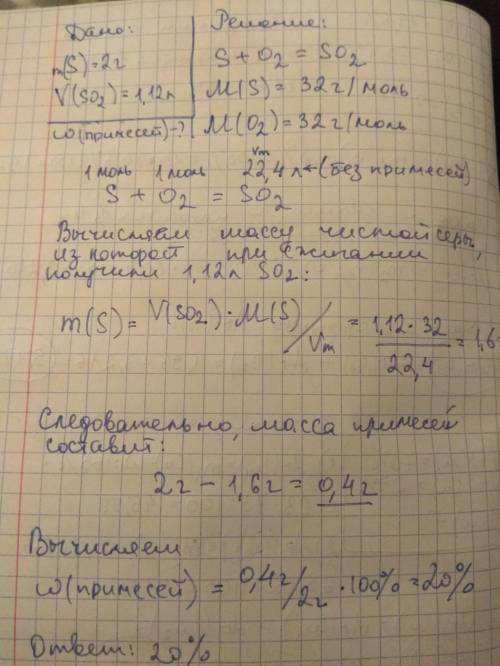 Внаслідок згоряння сірки масою 2 г одержади сульфур (іv) оксид об’ємом 1,12 л. обчислити масову част