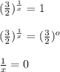 (\frac{3}{2})^{\frac{1}{x}}=1\\\\(\frac{3}{2})^{\frac{1}{x}} =(\frac{3}{2})^{o}\\\\\frac{1}{x}=0